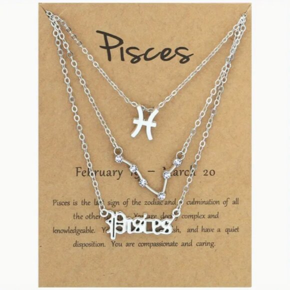 🍏50% OFF/3+..♓ 3 pc zodiac Pisces link chain layered necklace set (Silver tone) - Picture 1 of 5